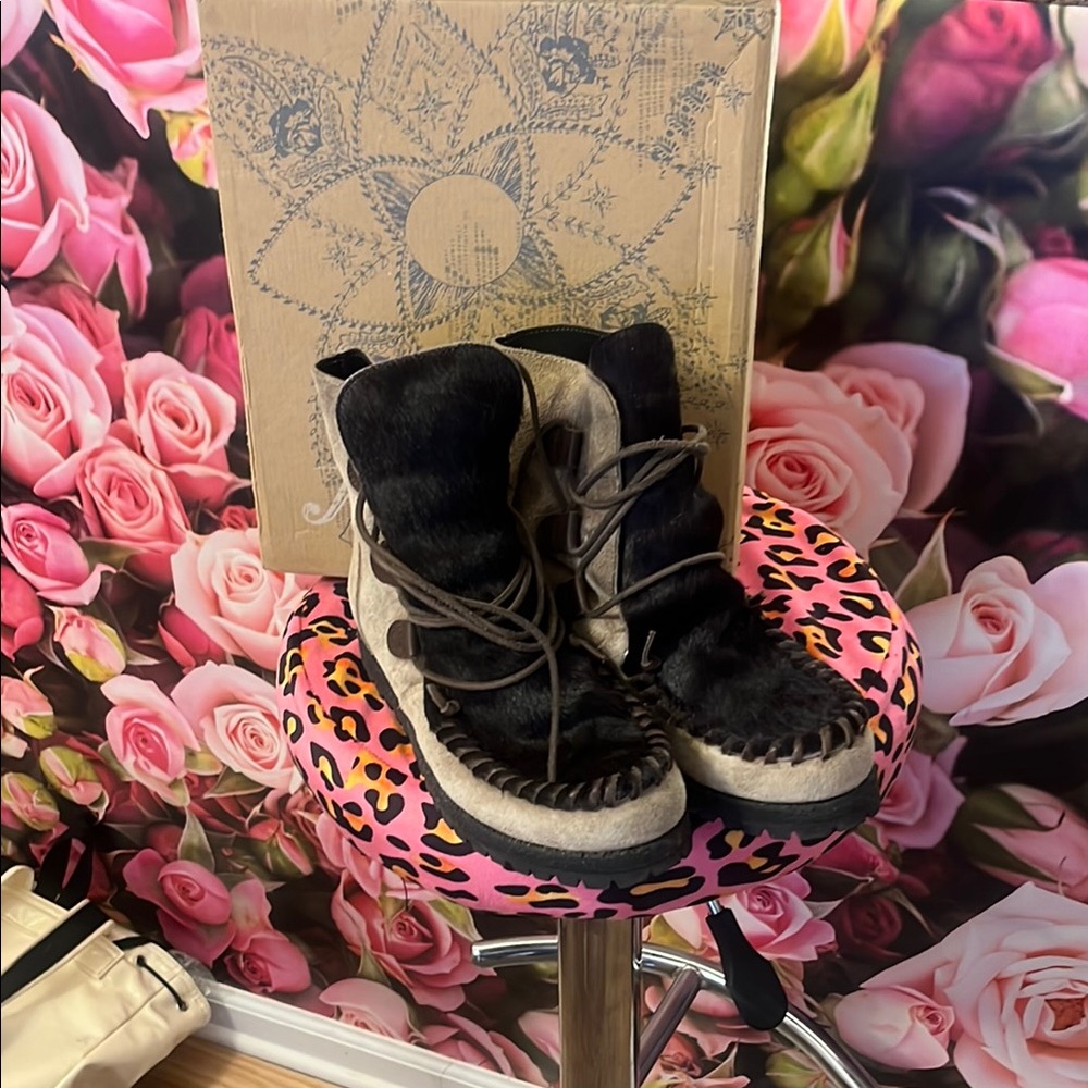 Free People Black and Tan Fur Moccasin Boots